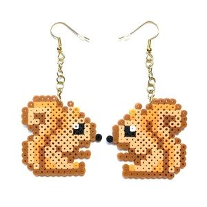 Handmade Mini Perler Bead Brown/Tan Squirrel Earrings. New